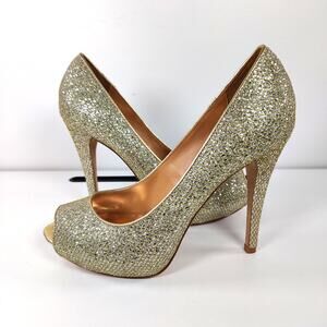 Badgley Mischka Glitter Platform Peep Toe Pumps Gold Stiletto Heels 10M